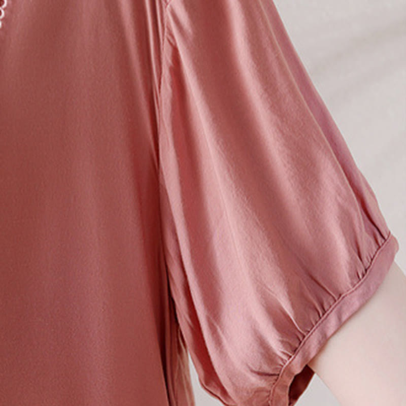 V-Neck Pink Buttons Design Half Sleeve T-shirt Tee