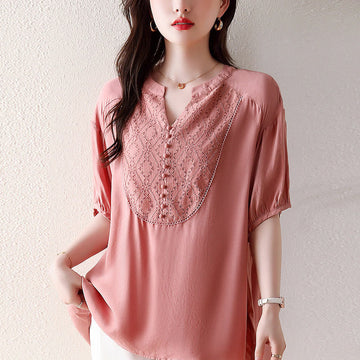 V-Neck Pink Buttons Design Half Sleeve T-shirt Tee