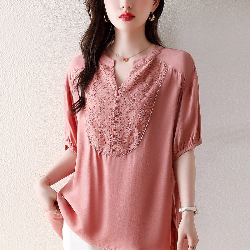 V-Neck Pink Buttons Design Half Sleeve T-shirt Tee