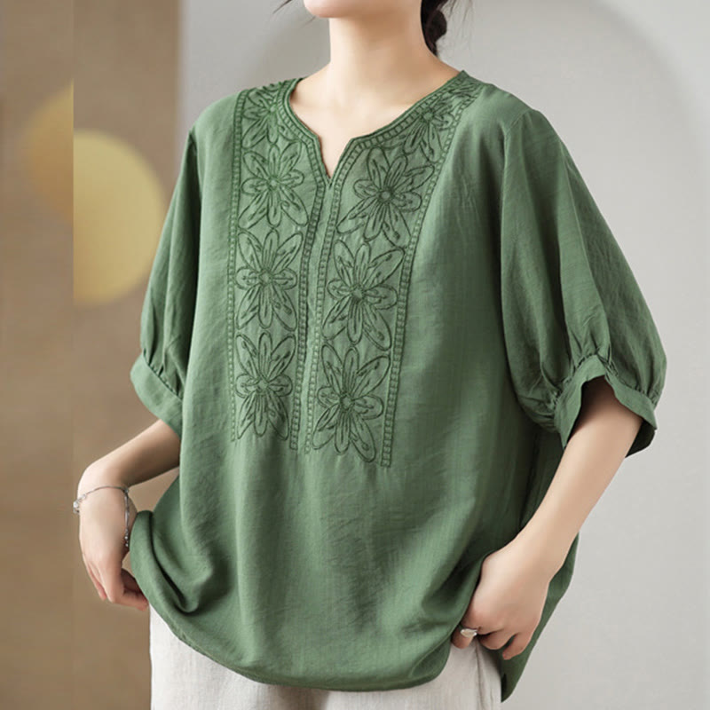 Flower Embroidery Design Half Sleeve Cotton Linen T-shirt Tee