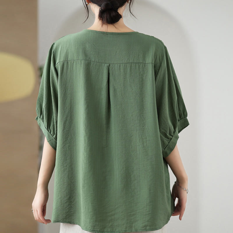 Flower Embroidery Design Half Sleeve Cotton Linen T-shirt Tee