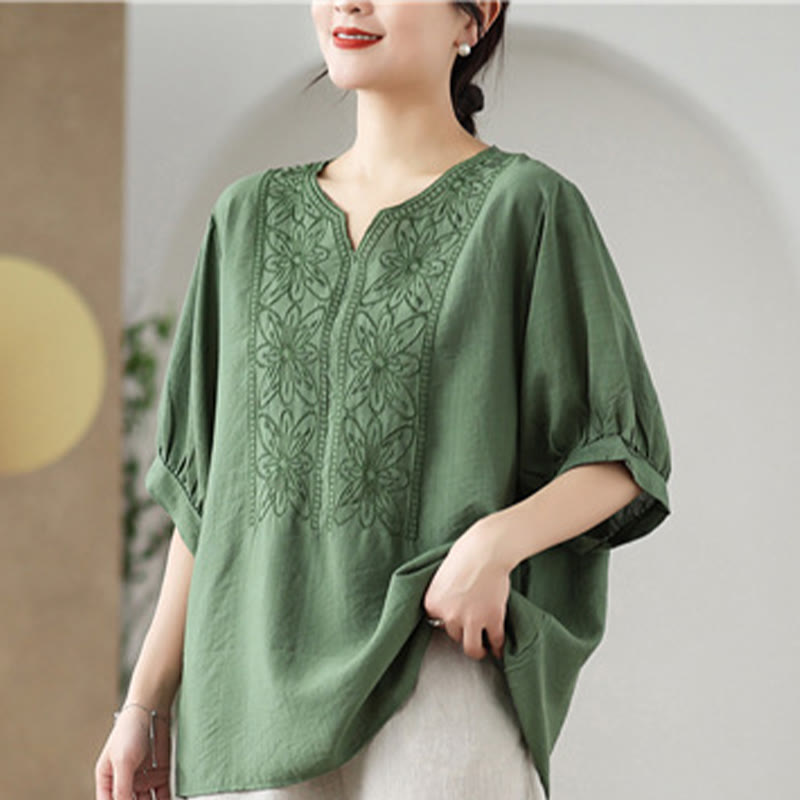 Flower Embroidery Design Half Sleeve Cotton Linen T-shirt Tee