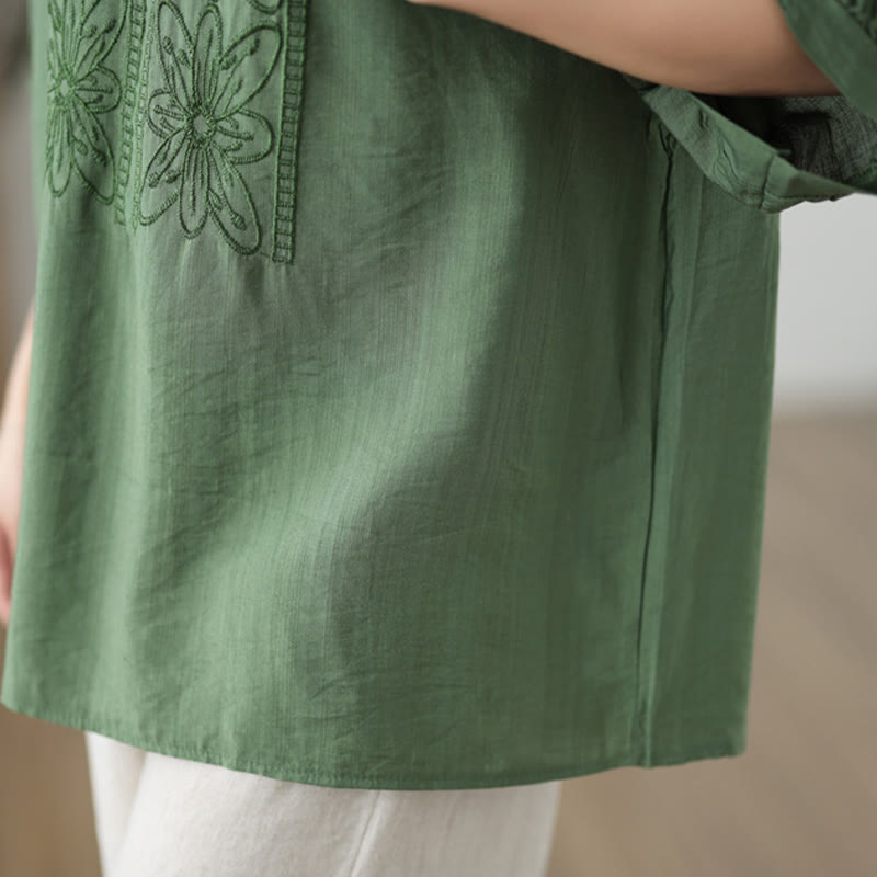 Flower Embroidery Design Half Sleeve Cotton Linen T-shirt Tee