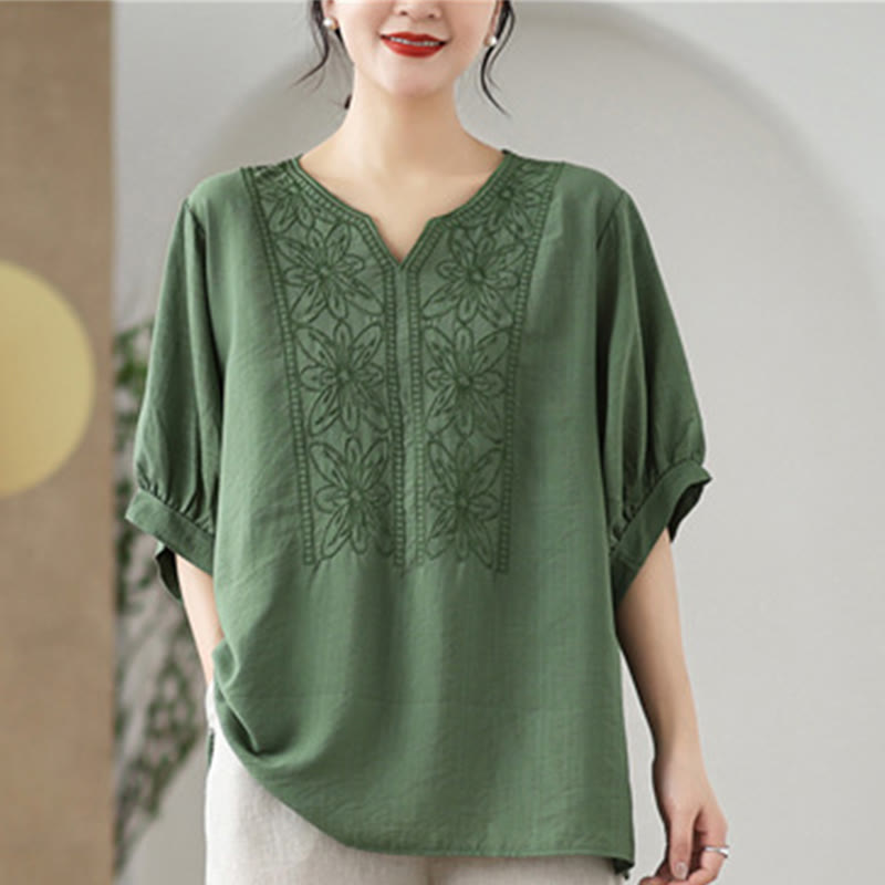 Flower Embroidery Design Half Sleeve Cotton Linen T-shirt Tee