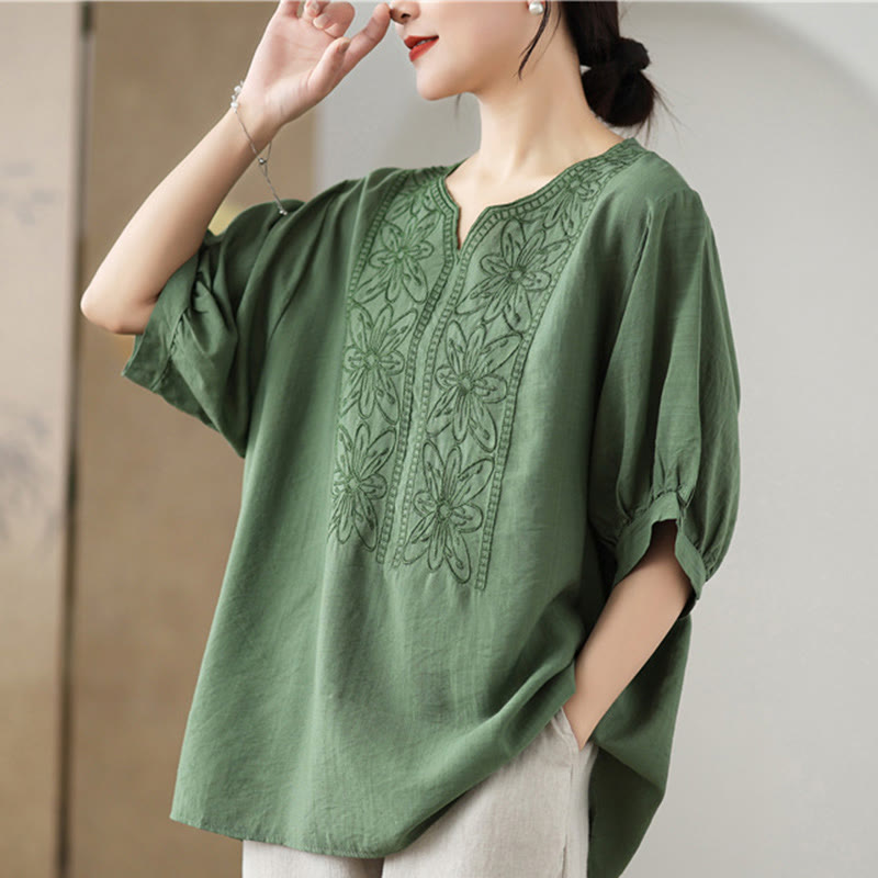 Flower Embroidery Design Half Sleeve Cotton Linen T-shirt Tee