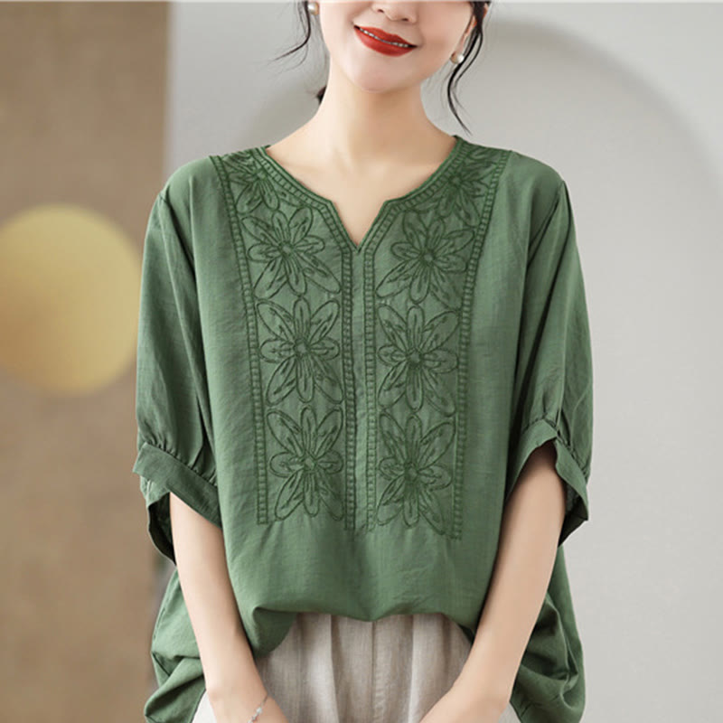 Flower Embroidery Design Half Sleeve Cotton Linen T-shirt Tee