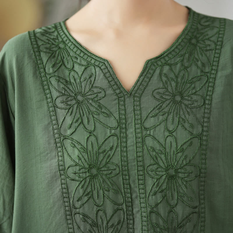 Flower Embroidery Design Half Sleeve Cotton Linen T-shirt Tee