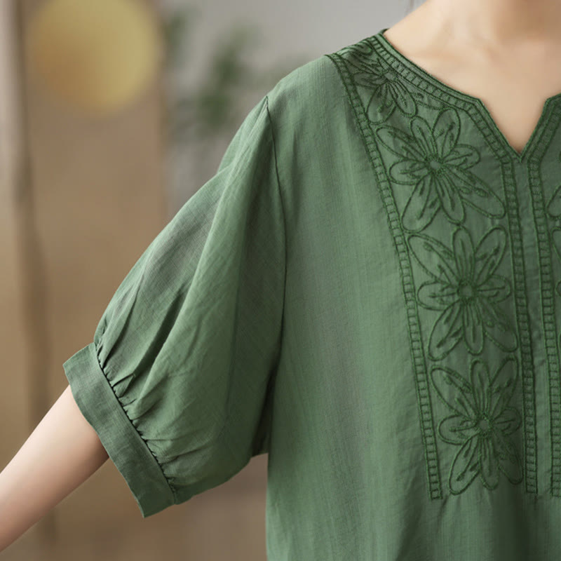 Flower Embroidery Design Half Sleeve Cotton Linen T-shirt Tee