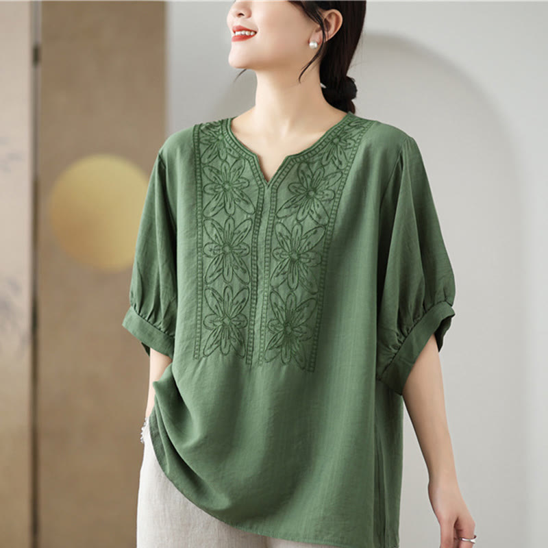 Flower Embroidery Design Half Sleeve Cotton Linen T-shirt Tee