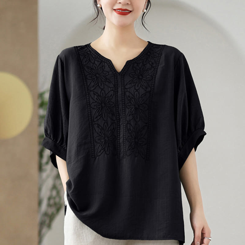 Flower Embroidery Design Half Sleeve Cotton Linen T-shirt Tee