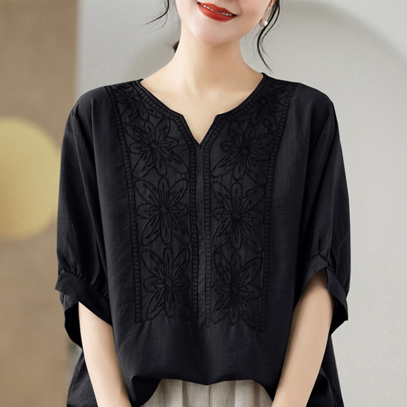 Flower Embroidery Design Half Sleeve Cotton Linen T-shirt Tee