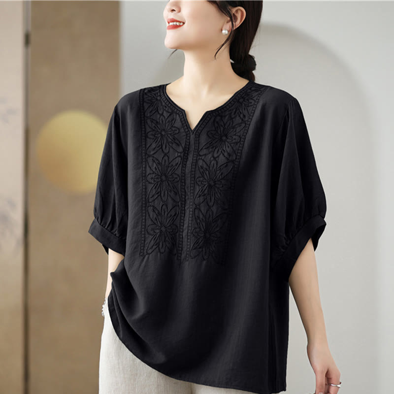 Flower Embroidery Design Half Sleeve Cotton Linen T-shirt Tee