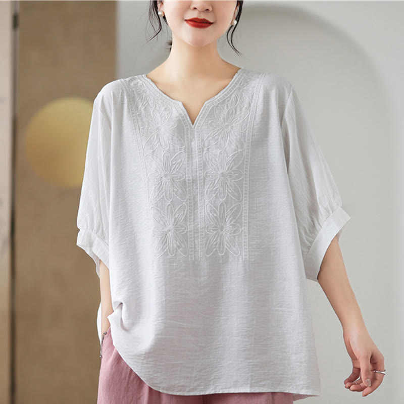 Flower Embroidery Design Half Sleeve Cotton Linen T-shirt Tee