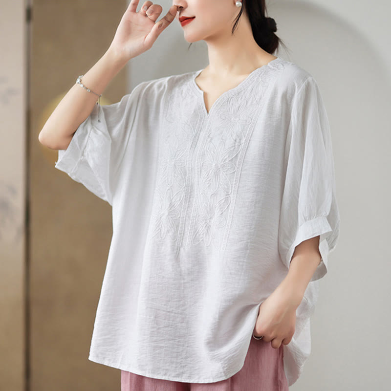 Flower Embroidery Design Half Sleeve Cotton Linen T-shirt Tee