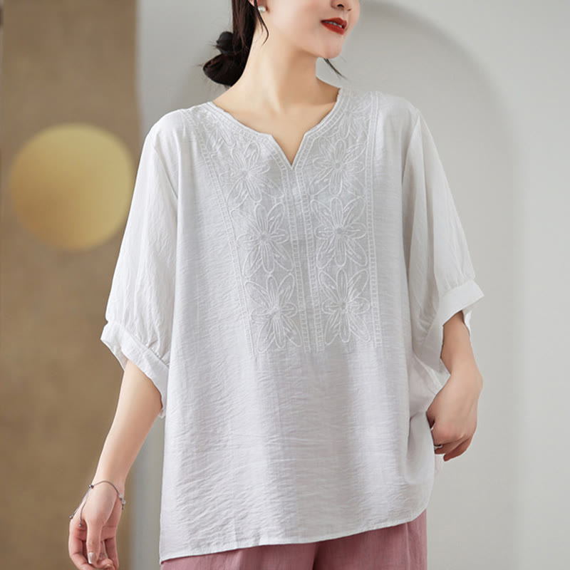 Flower Embroidery Design Half Sleeve Cotton Linen T-shirt Tee