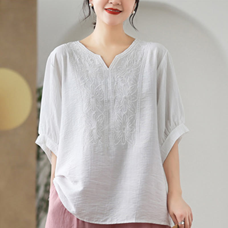 Flower Embroidery Design Half Sleeve Cotton Linen T-shirt Tee