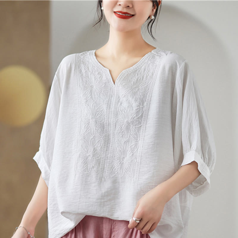 Flower Embroidery Design Half Sleeve Cotton Linen T-shirt Tee