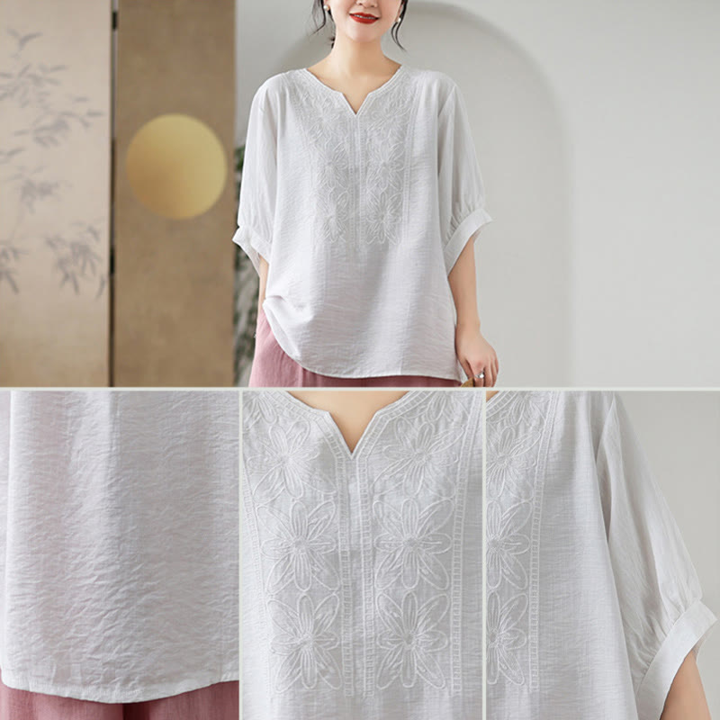 Flower Embroidery Design Half Sleeve Cotton Linen T-shirt Tee
