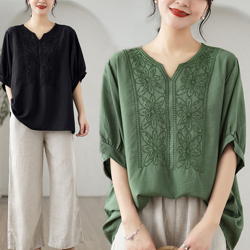 Flower Embroidery Design Half Sleeve Cotton Linen T-shirt Tee