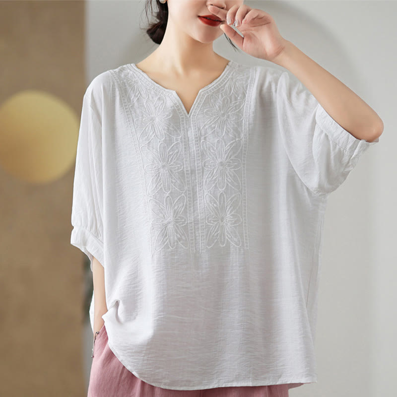 Flower Embroidery Design Half Sleeve Cotton Linen T-shirt Tee