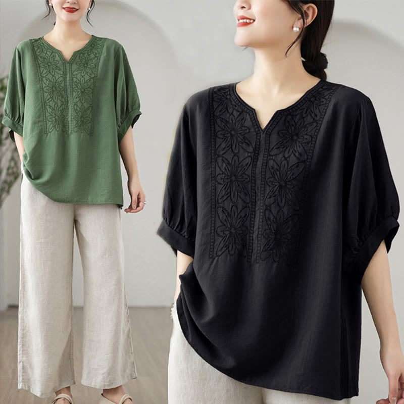 Flower Embroidery Design Half Sleeve Cotton Linen T-shirt Tee