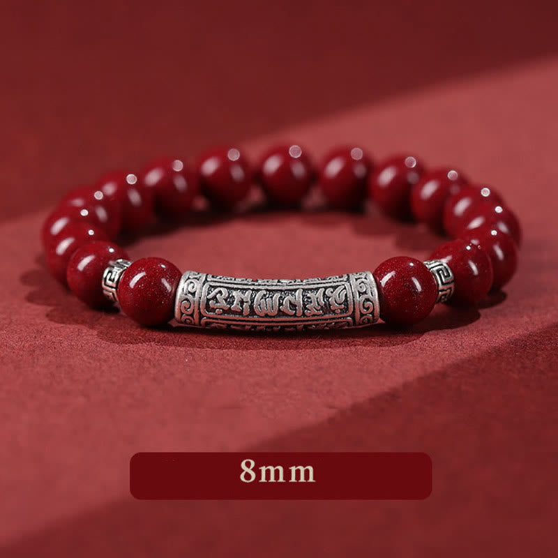 Cinnabar and 999 Fine Silver Om Mani Padme Hum Engraved Beaded Bracelet