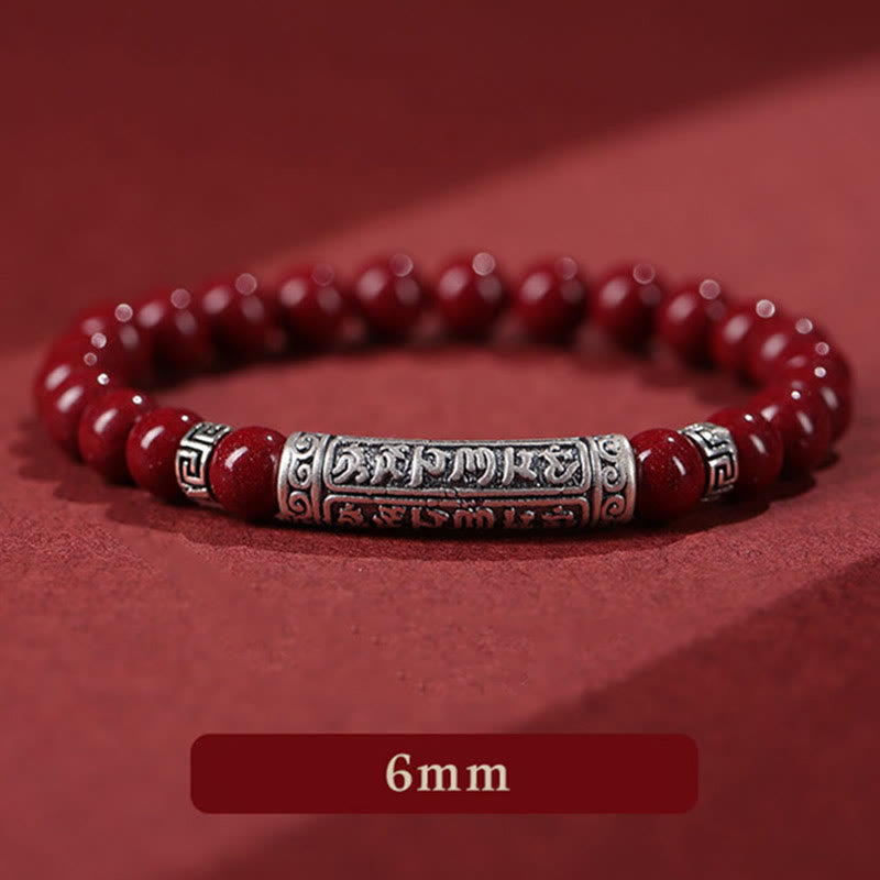 Cinnabar and 999 Fine Silver Om Mani Padme Hum Engraved Beaded Bracelet