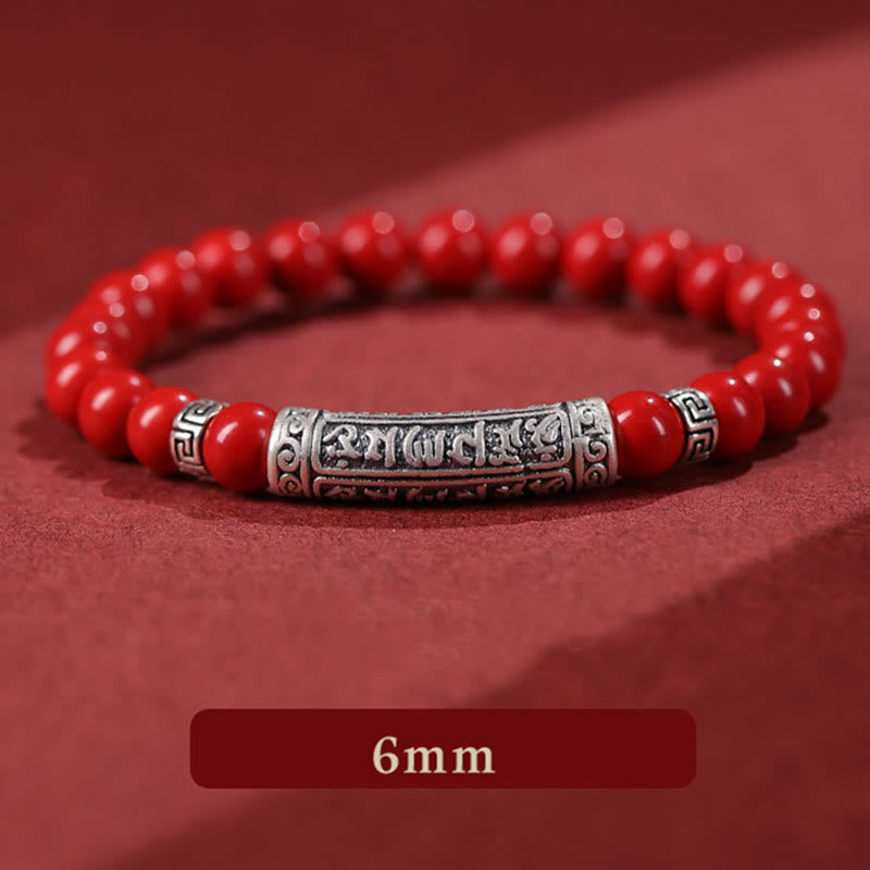 Cinnabar and 999 Fine Silver Om Mani Padme Hum Engraved Beaded Bracelet