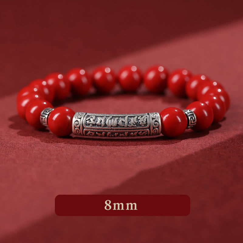 Cinnabar and 999 Fine Silver Om Mani Padme Hum Engraved Beaded Bracelet