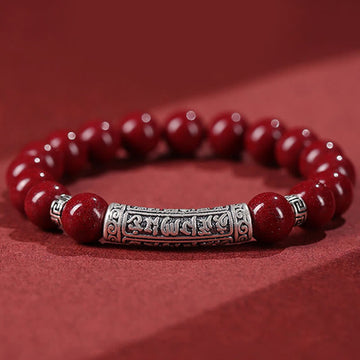 Cinnabar and 999 Fine Silver Om Mani Padme Hum Engraved Beaded Bracelet