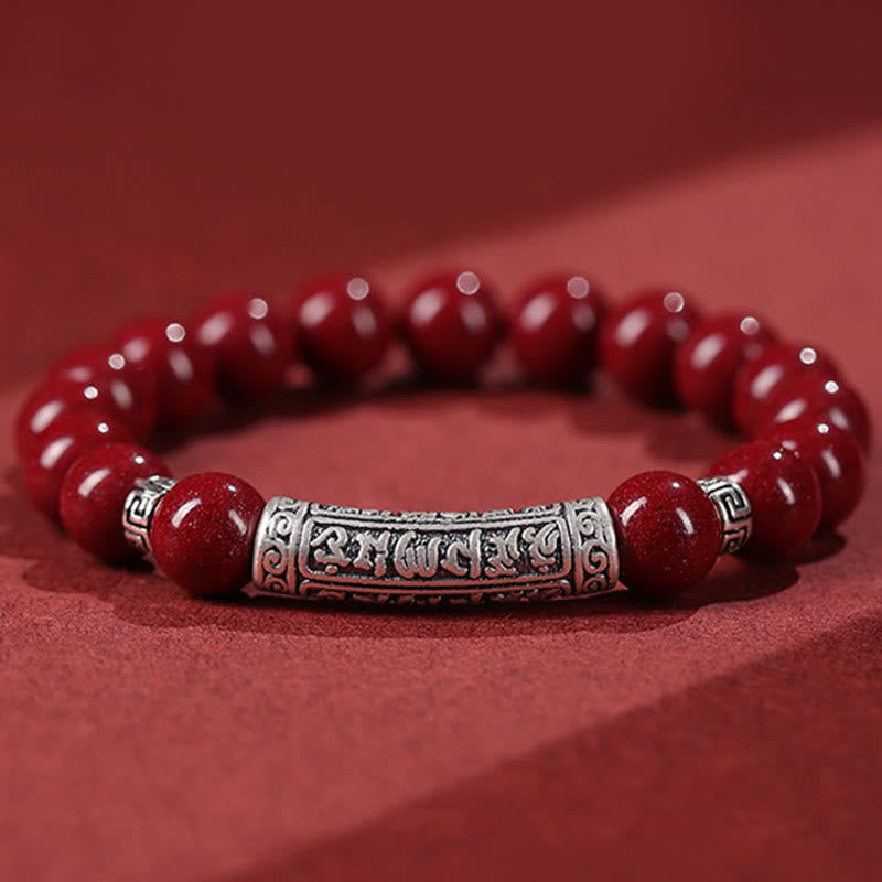 Cinnabar and 999 Fine Silver Om Mani Padme Hum Engraved Beaded Bracelet
