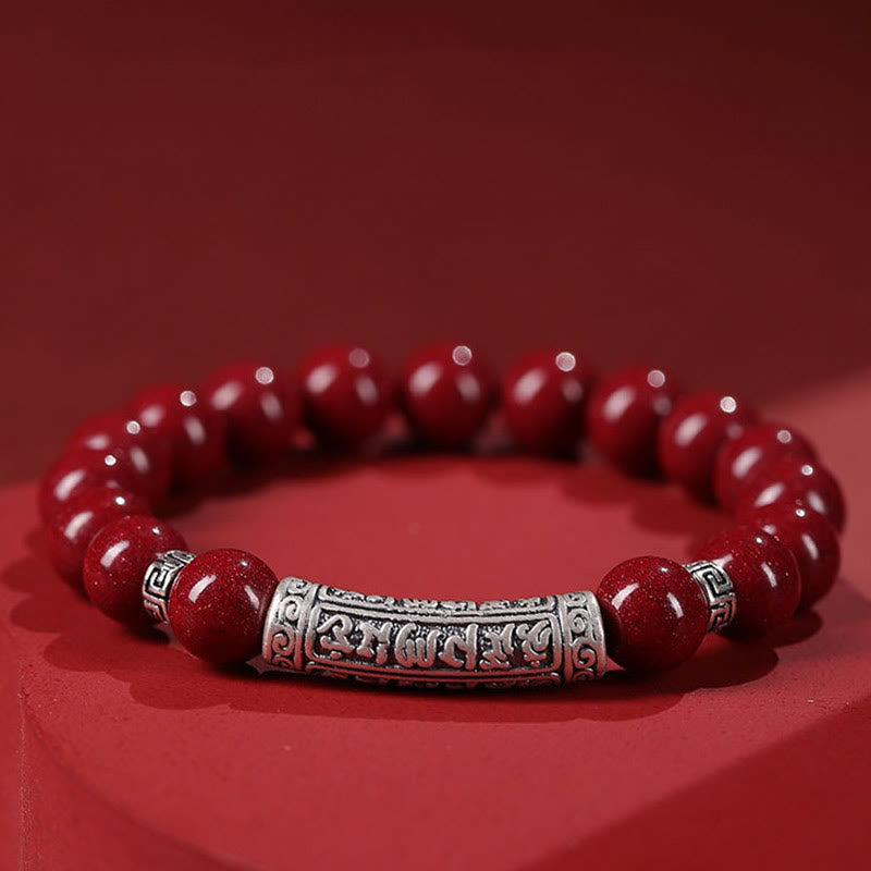 Cinnabar and 999 Fine Silver Om Mani Padme Hum Engraved Beaded Bracelet