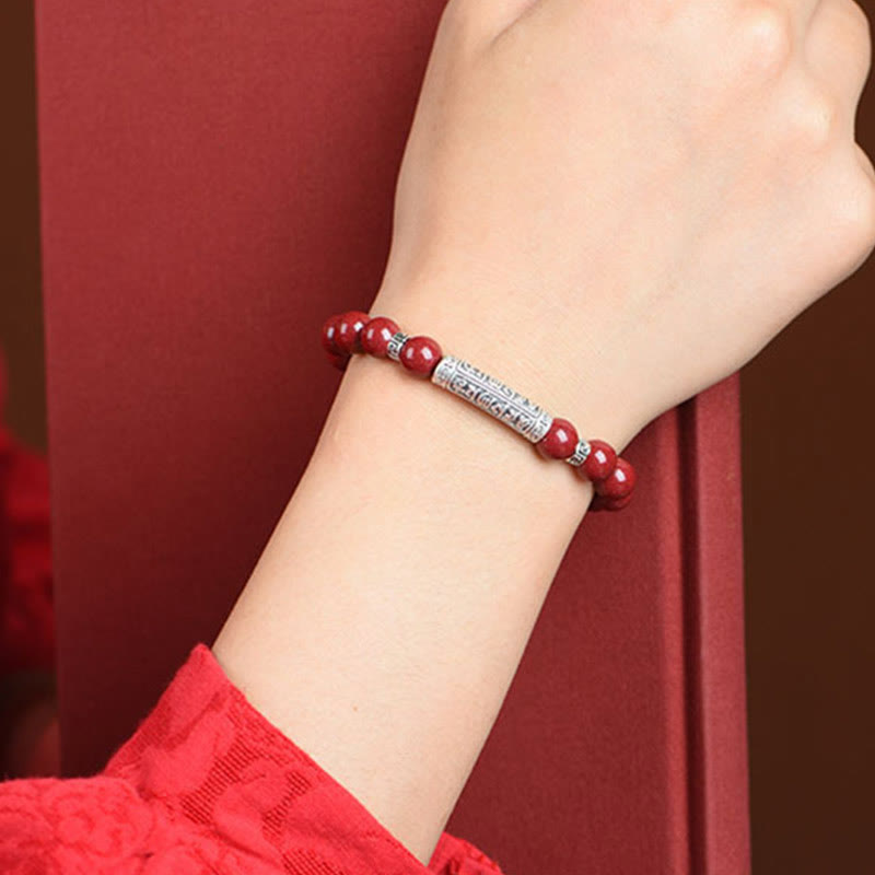 Cinnabar and 999 Fine Silver Om Mani Padme Hum Engraved Beaded Bracelet