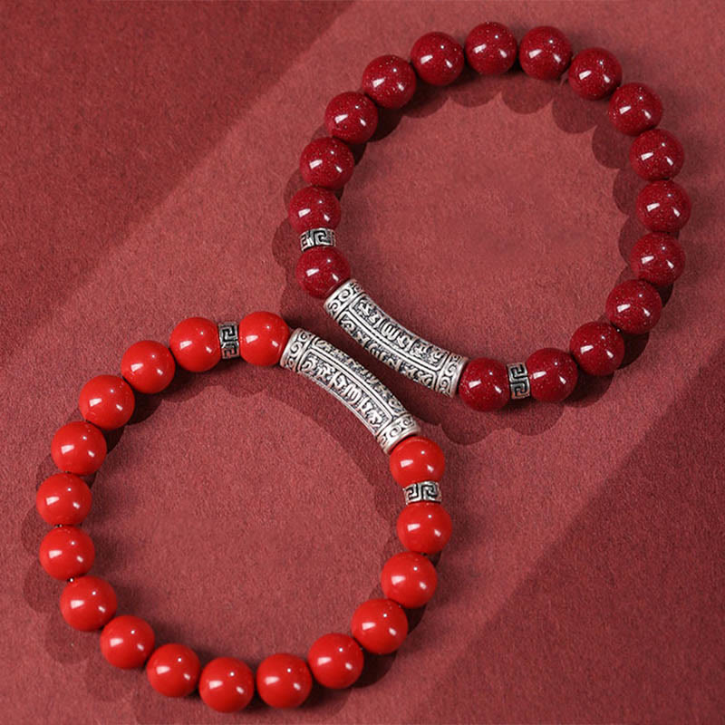 Cinnabar and 999 Fine Silver Om Mani Padme Hum Engraved Beaded Bracelet