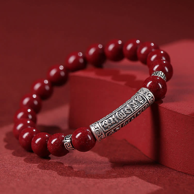 Cinnabar and 999 Fine Silver Om Mani Padme Hum Engraved Beaded Bracelet