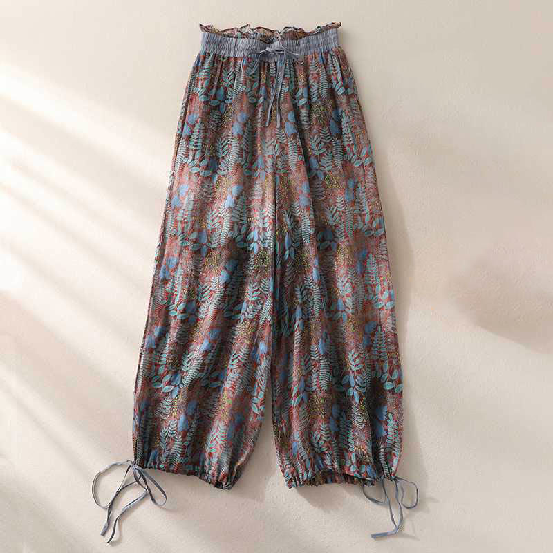 Summer Women's Blue Leaves Plants Pants With Pockets