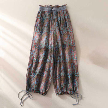 Summer Women's Blue Leaves Plants Pants With Pockets