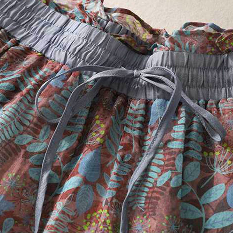 Summer Women's Blue Leaves Plants Pants With Pockets
