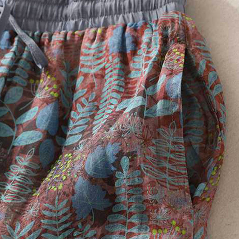 Summer Women's Blue Leaves Plants Pants With Pockets