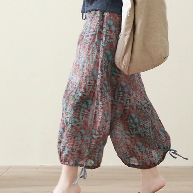 Summer Women's Blue Leaves Plants Pants With Pockets