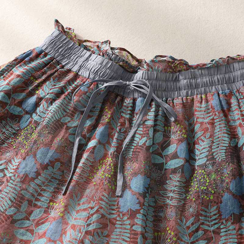 Summer Women's Blue Leaves Plants Pants With Pockets