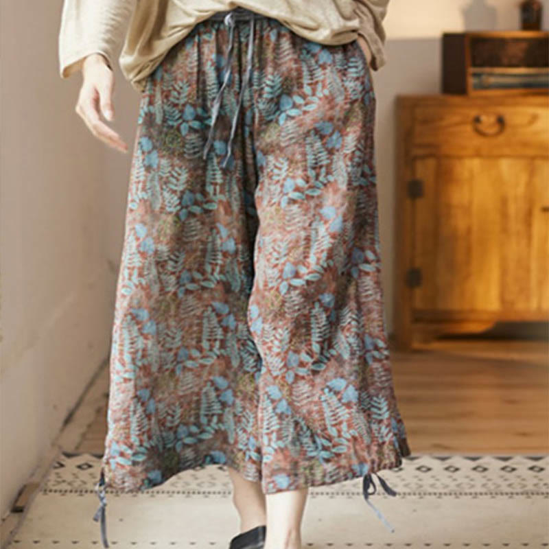 Summer Women's Blue Leaves Plants Pants With Pockets