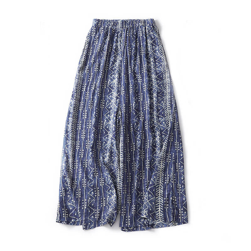 Blue Stripes Print Cotton Linen Wide Leg Pants With Pockets