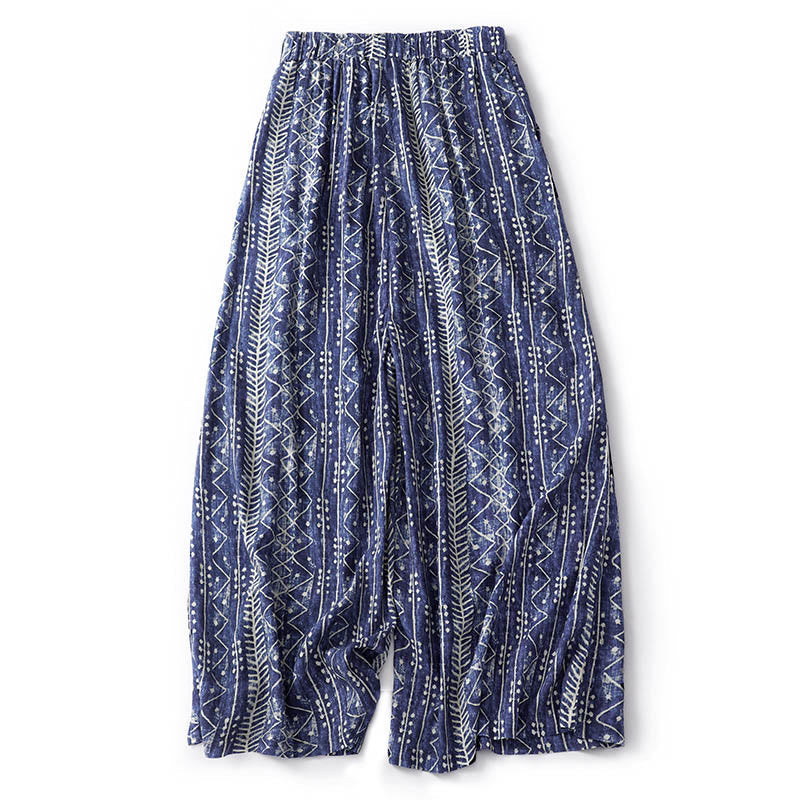 Blue Stripes Print Cotton Linen Wide Leg Pants With Pockets