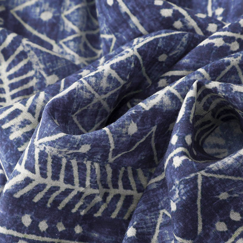 Blue Stripes Print Cotton Linen Wide Leg Pants With Pockets