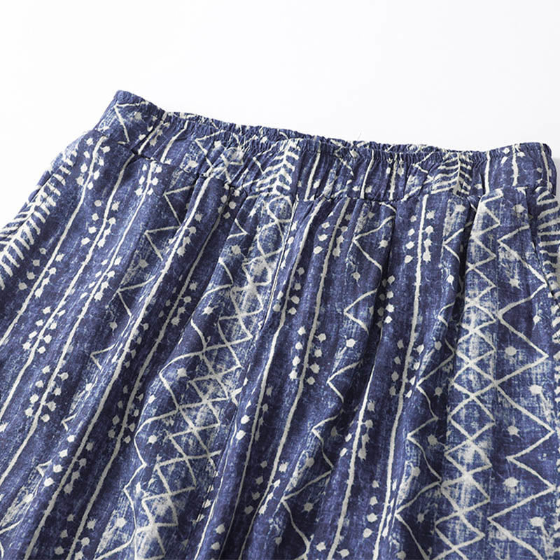 Blue Stripes Print Cotton Linen Wide Leg Pants With Pockets
