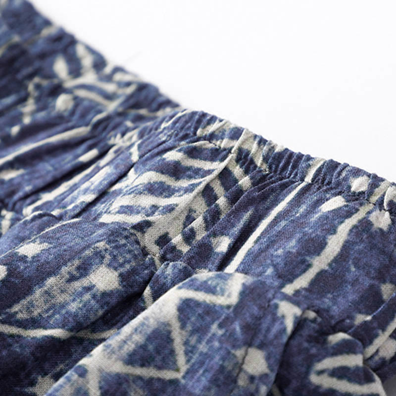 Blue Stripes Print Cotton Linen Wide Leg Pants With Pockets