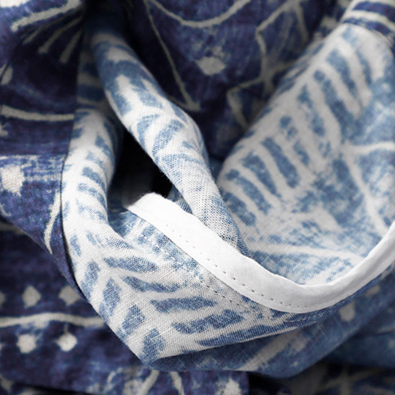 Blue Stripes Print Cotton Linen Wide Leg Pants With Pockets