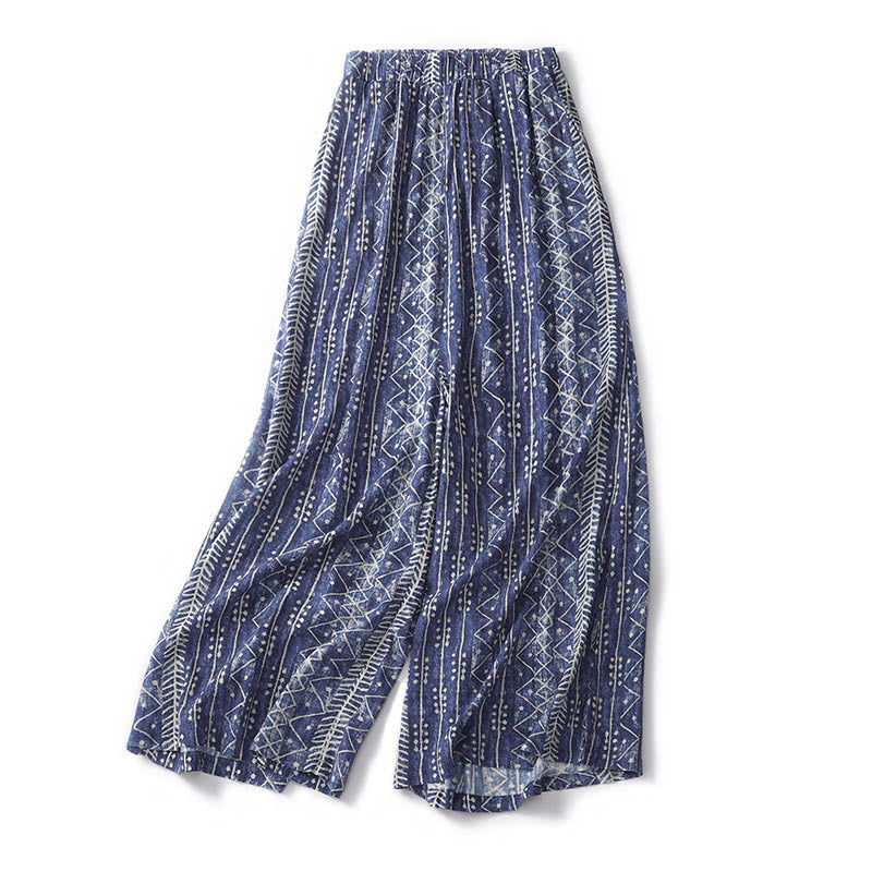 Blue Stripes Print Cotton Linen Wide Leg Pants With Pockets