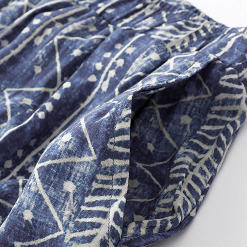 Blue Stripes Print Cotton Linen Wide Leg Pants With Pockets